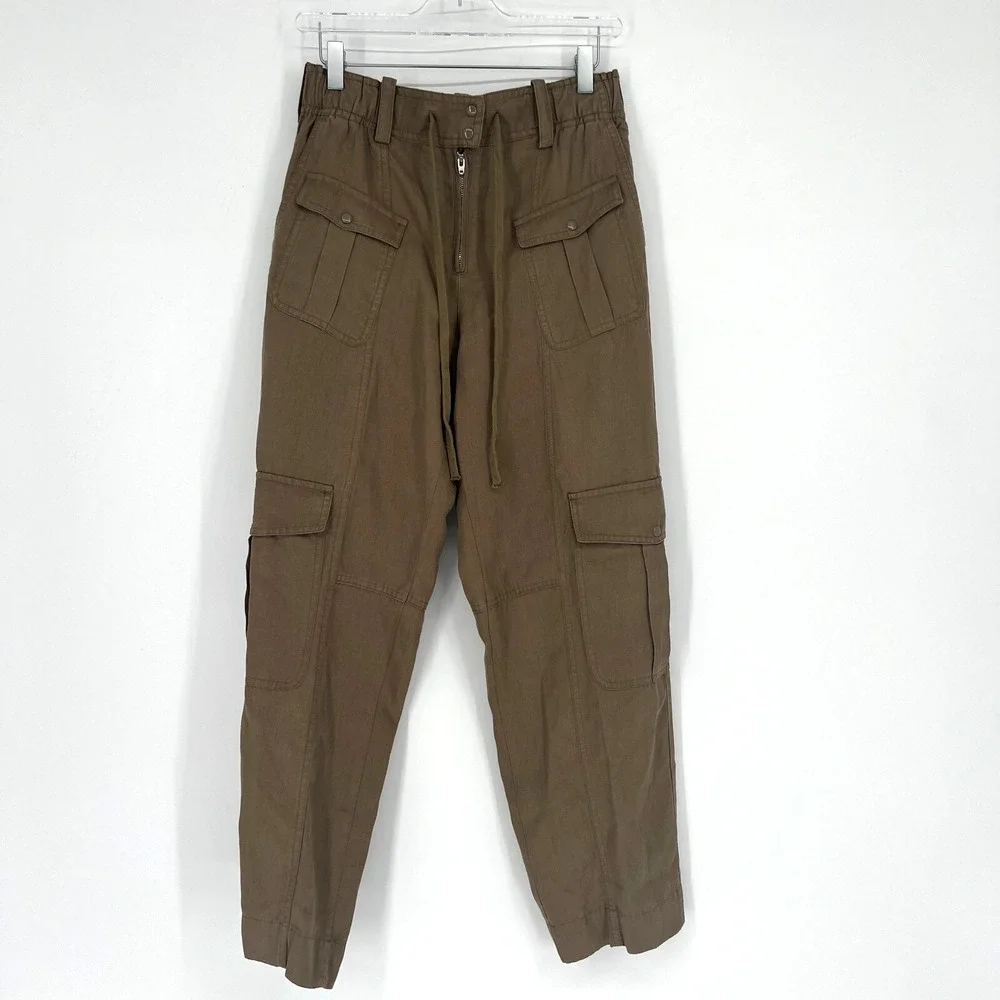 Zara Pants‎ Womens S Geen Brown Cargo Pocket Linen Utility Boho Gorpcore